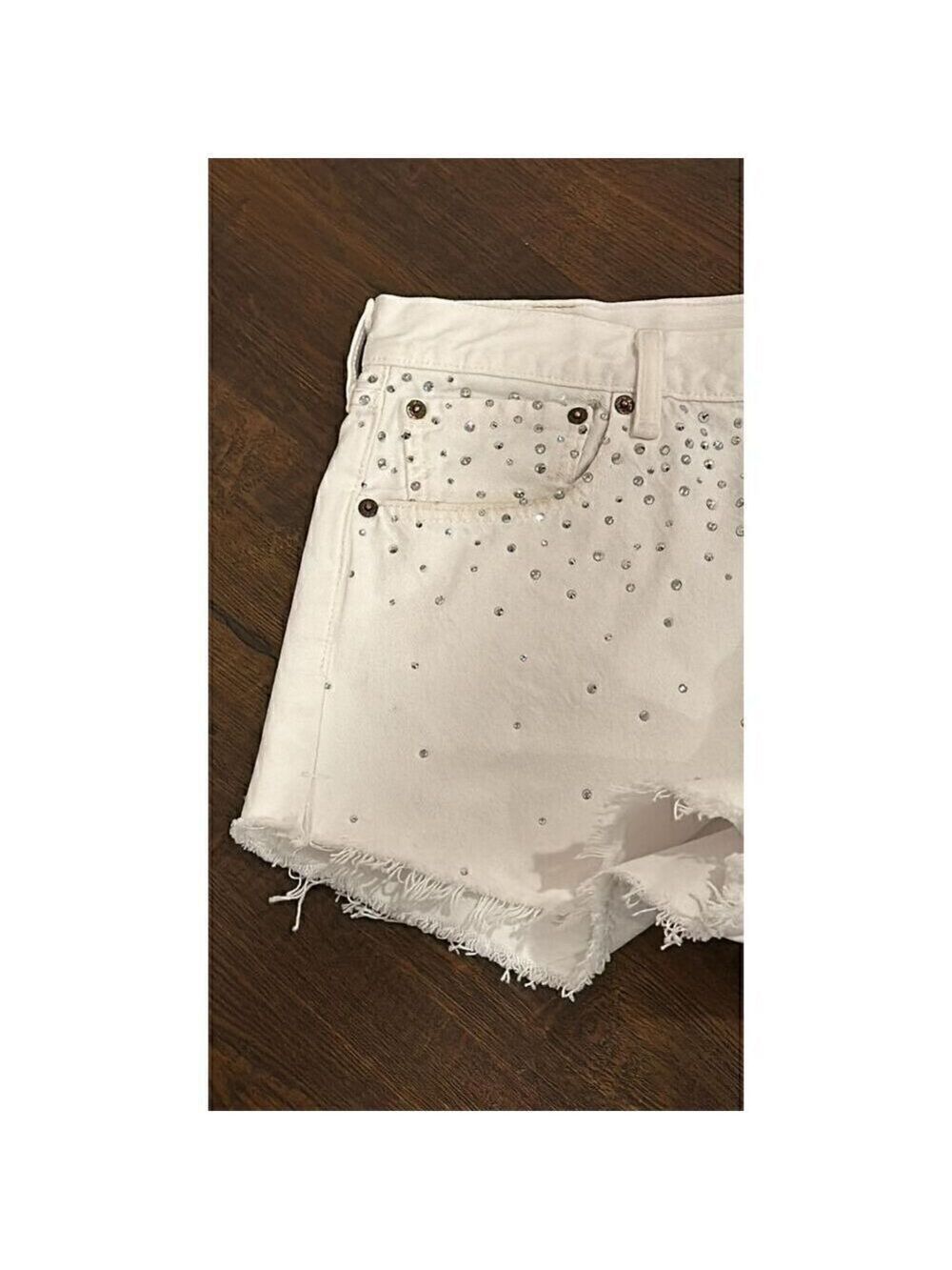 Re/done & Pam Crystal Mid-rise White Denim Shorts Size 32 (10-12) - Picture 9 of 14